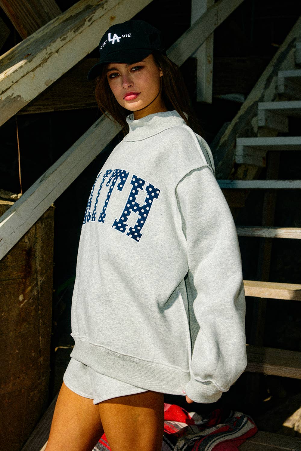 Faith Embroidered Polka Dot Mock Neck