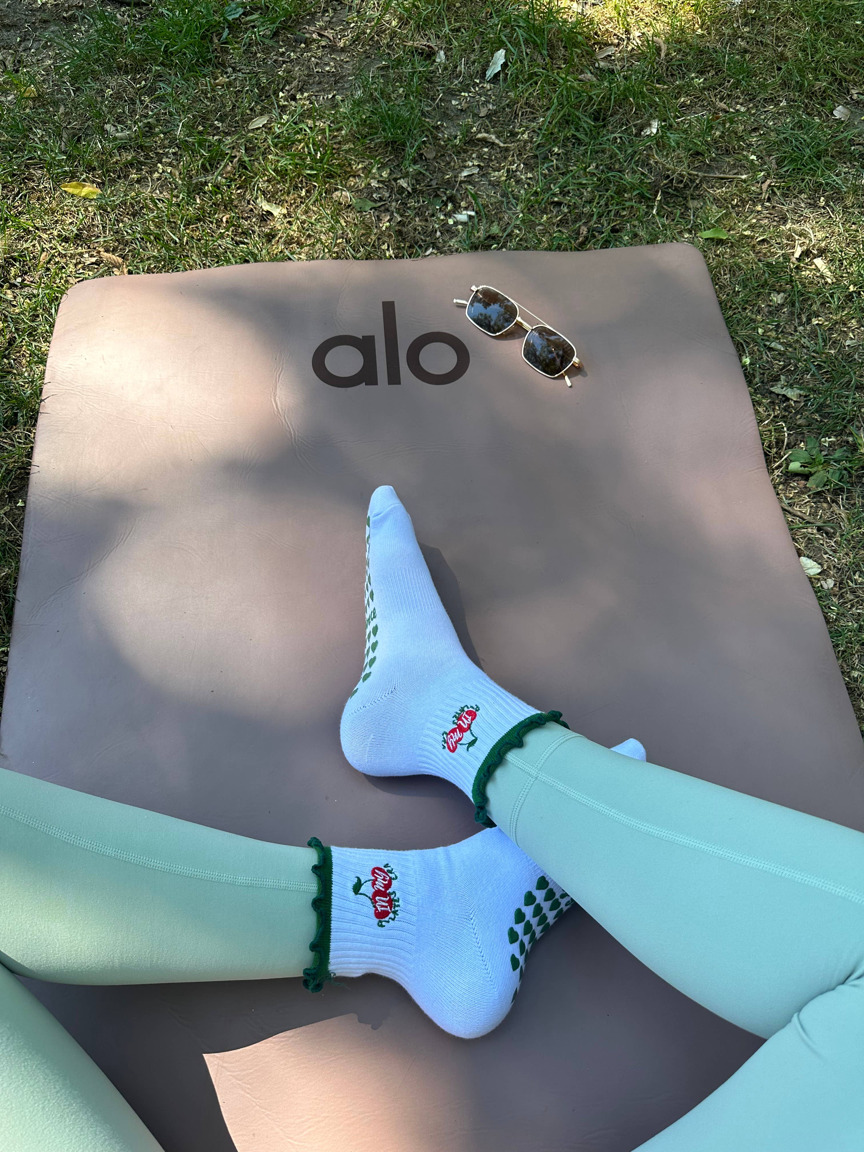 Green Ruffle Cherry Pilates Grip Socks