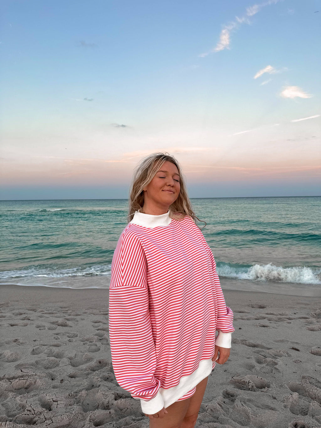 Pink and White Big Striped Mockneck Sweatshirt