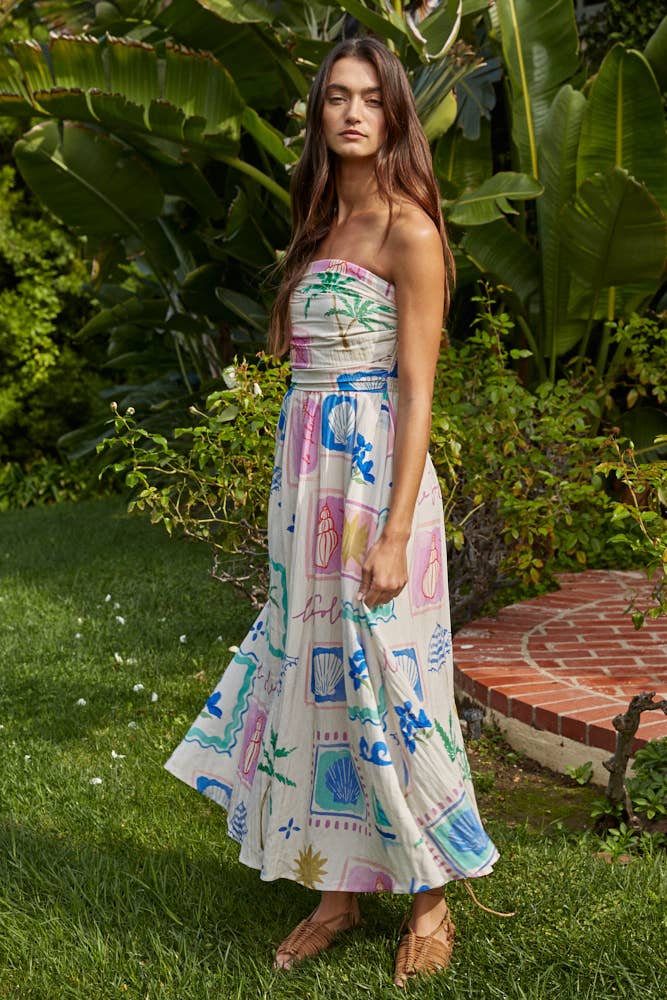 Rayon Print Strapless Midi