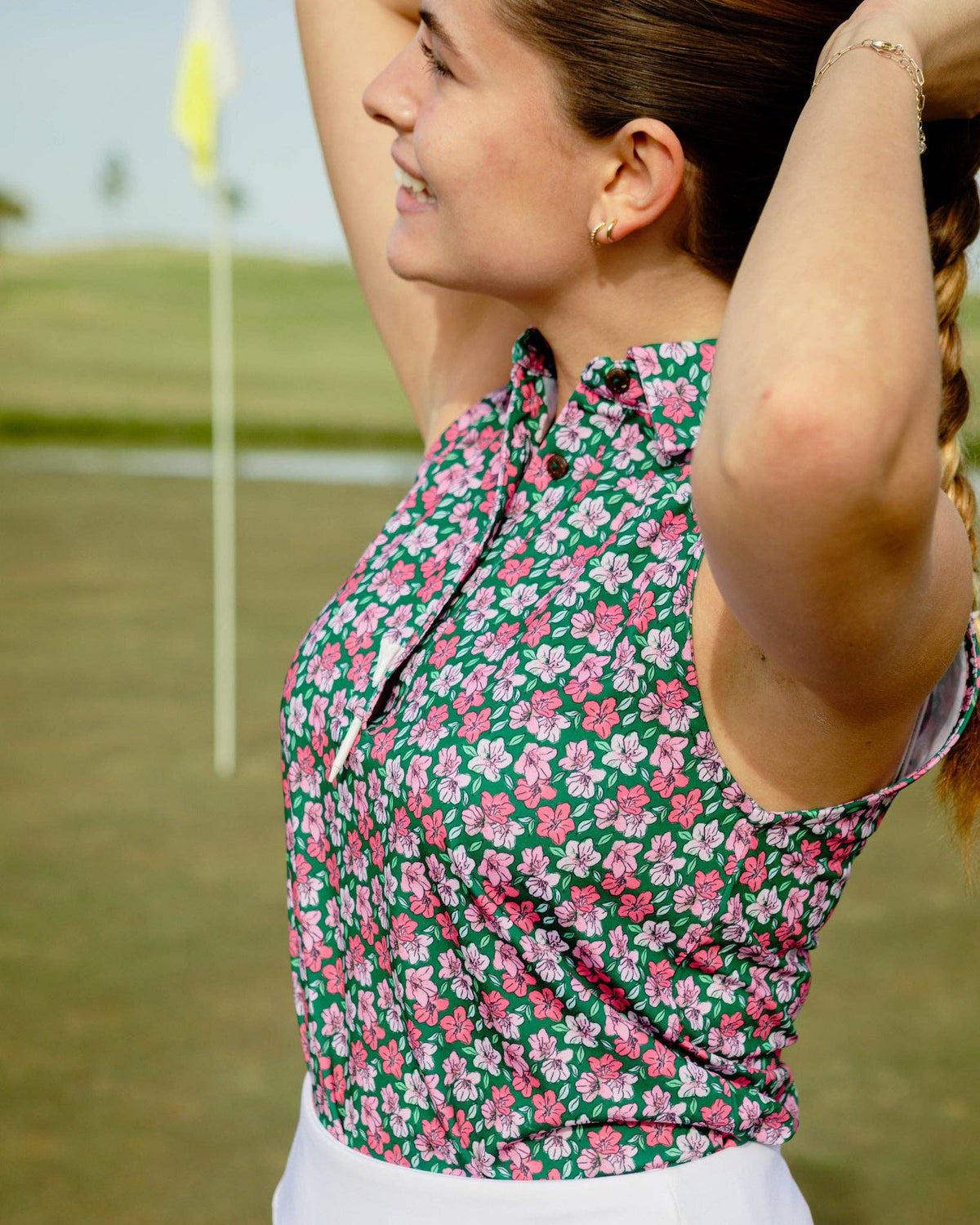 Womens Green and Prink Floral Print Sleeveless Polo